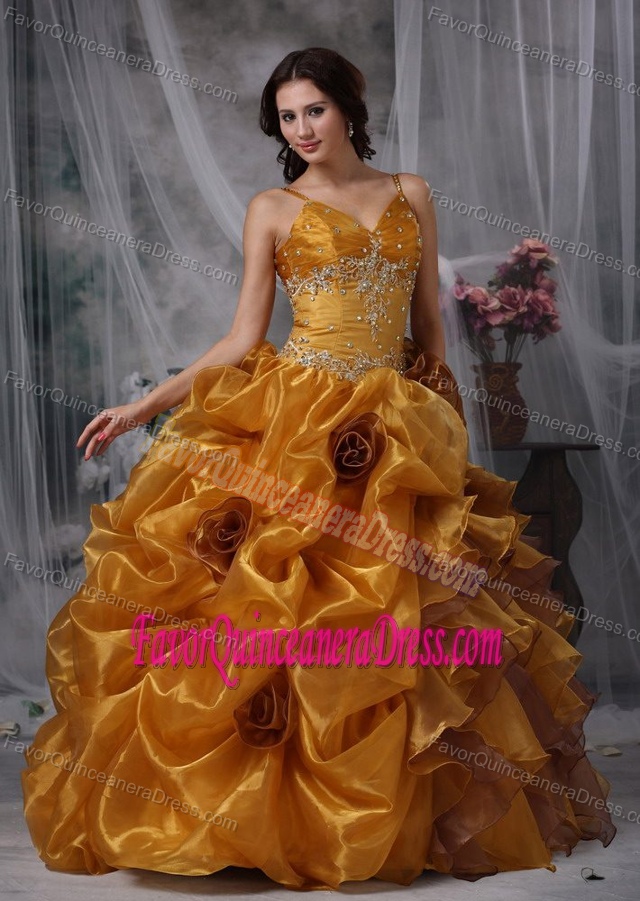 Wholesale Gold Organza Beaded Sweet 16 Dresses with Ruffles and Straps